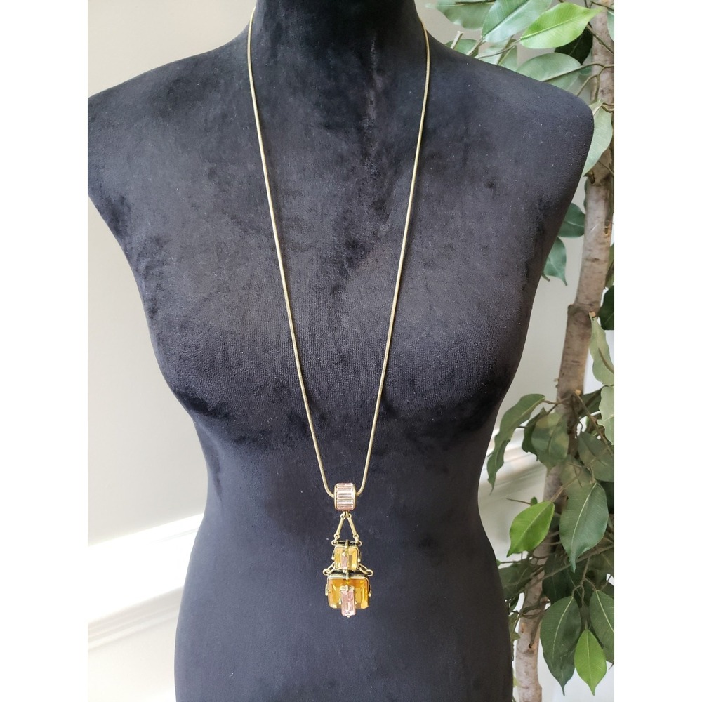 Women Lane Bryant Signed Yellow Pink Drop Necklace Art Deco Style